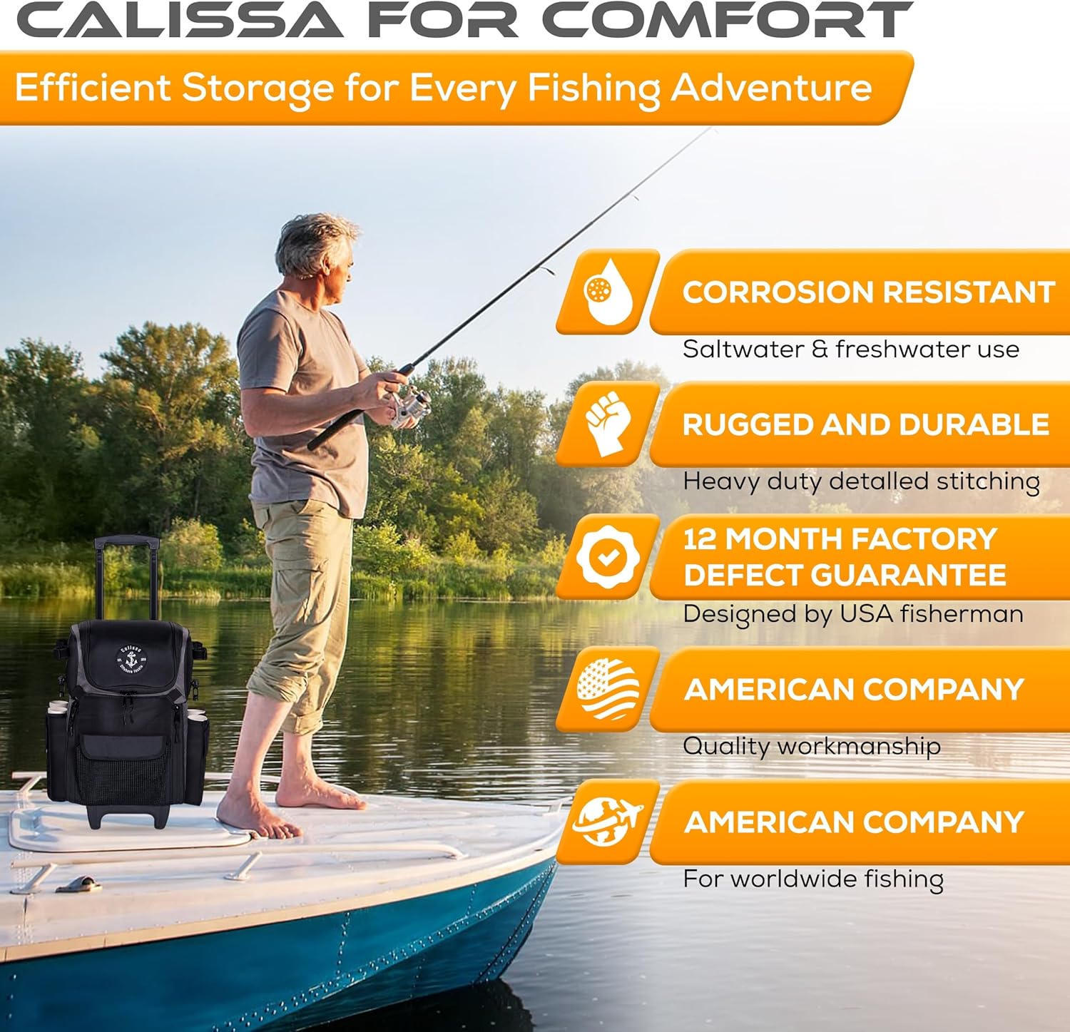 Calissa Offshore Rolling Fishing Tackle Box with Wheels, Waterproof Fishing Backpack with Rod Holders Storage Bag Roller - Image 5