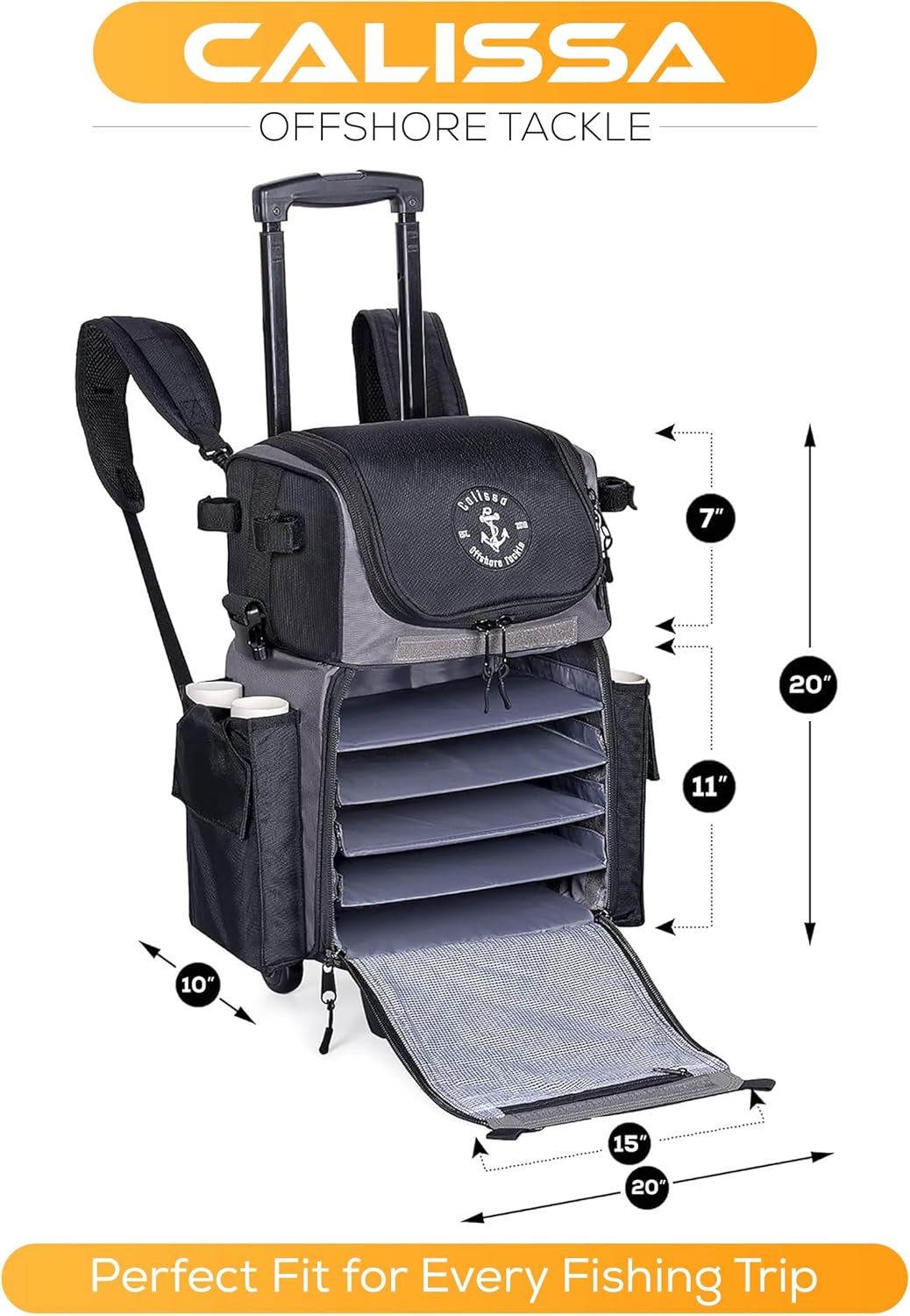 Calissa Offshore Rolling Fishing Tackle Box with Wheels, Waterproof Fishing Backpack with Rod Holders Storage Bag Roller - Image 3