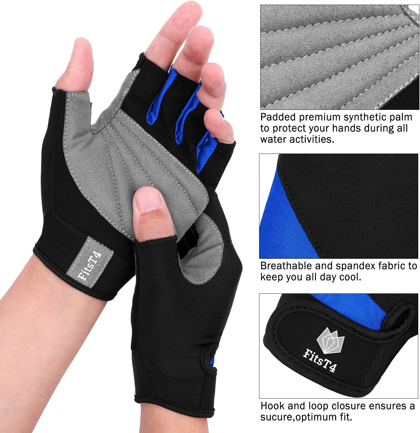 FitsT4 Sports Half Finger Padded Palm Gloves for Diving, Sailing, Jet Skiing, Stand-UP Boarding, Kayaking and Water Skiing, Suitable for Men&Women&Youth - Image 3