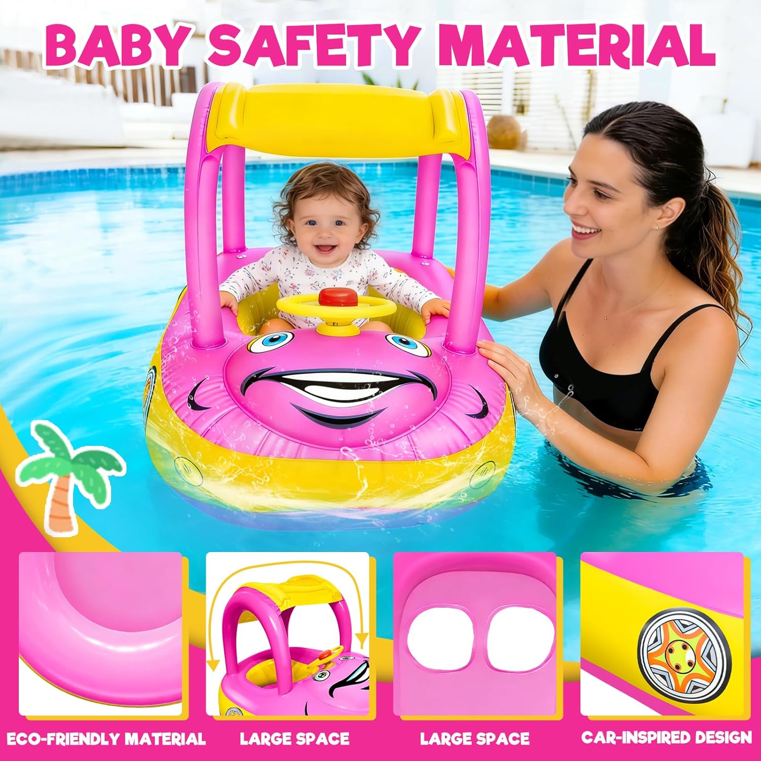 iGeeKid Inflatable Baby Pool Float with Canopy, Safty Seat for Infant Baby Swim Float Rings Car Shaped Swimming Pool Floaties for Babies Toddler Age of 18-36 Months (Pink) - Image 6