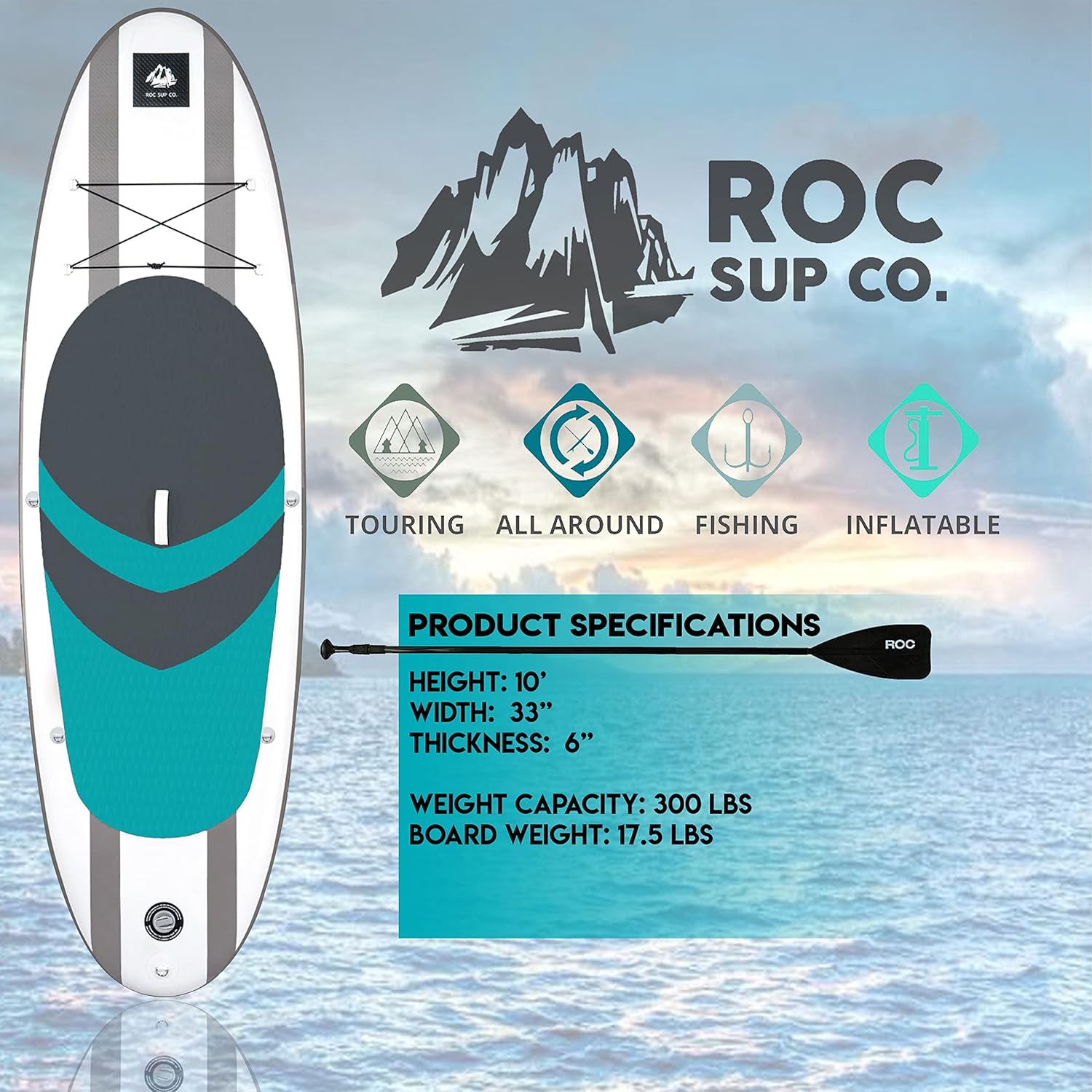 Roc Inflatable Stand Up Paddle Board with Premium SUP Paddle Board Accessories, Wide Stable Design, Non-Slip Comfort Deck for Youth & Adults - Image 3