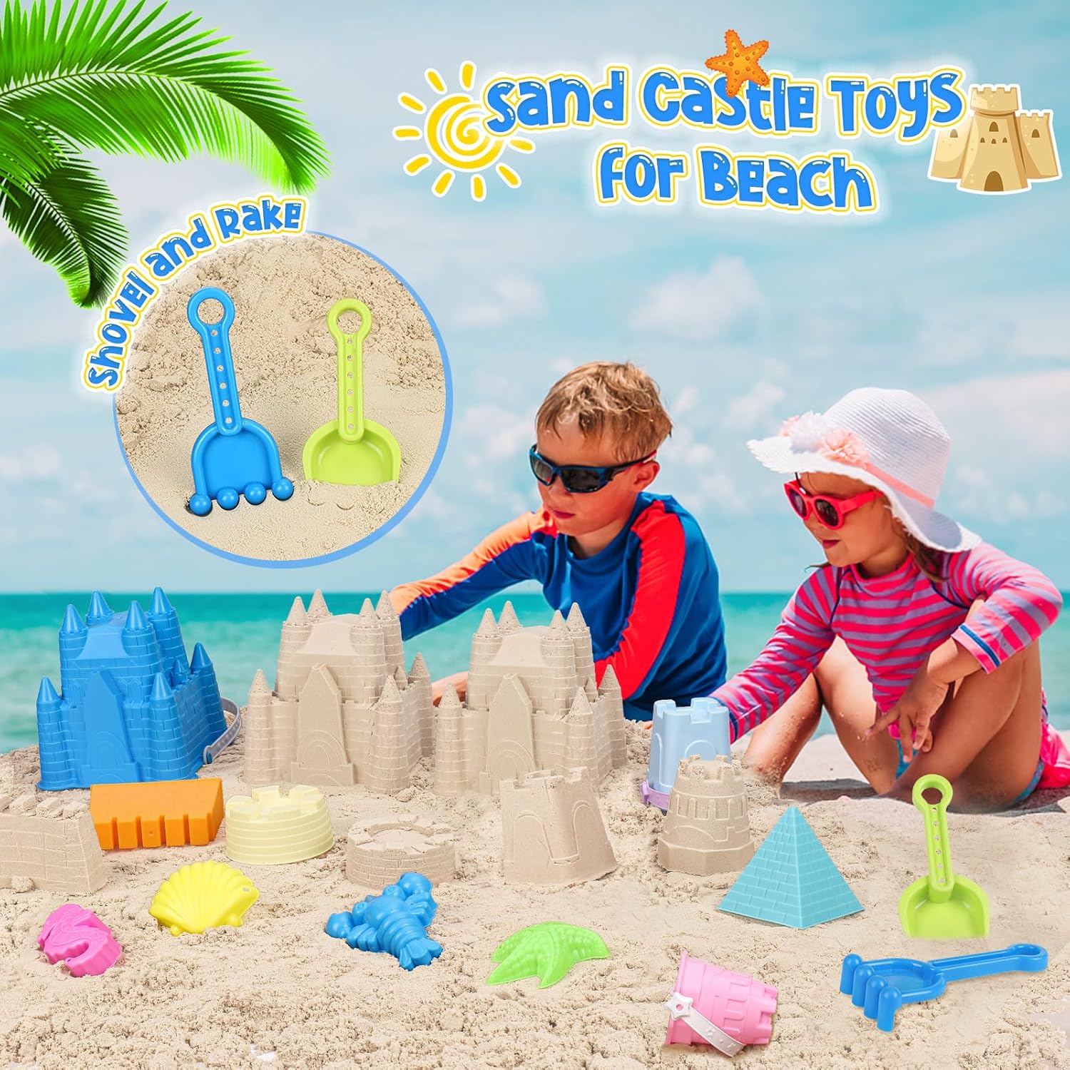 Beach Toys Sand Toys for Kids, Sand Castle Toys with Castle Bucket, Sand Molds, Shovel and Rake, Sandbox Toy for Toddlers 1-3 4 5 6 7 8 9 10 12, Beach Summer Accessories for Kids - Image 6