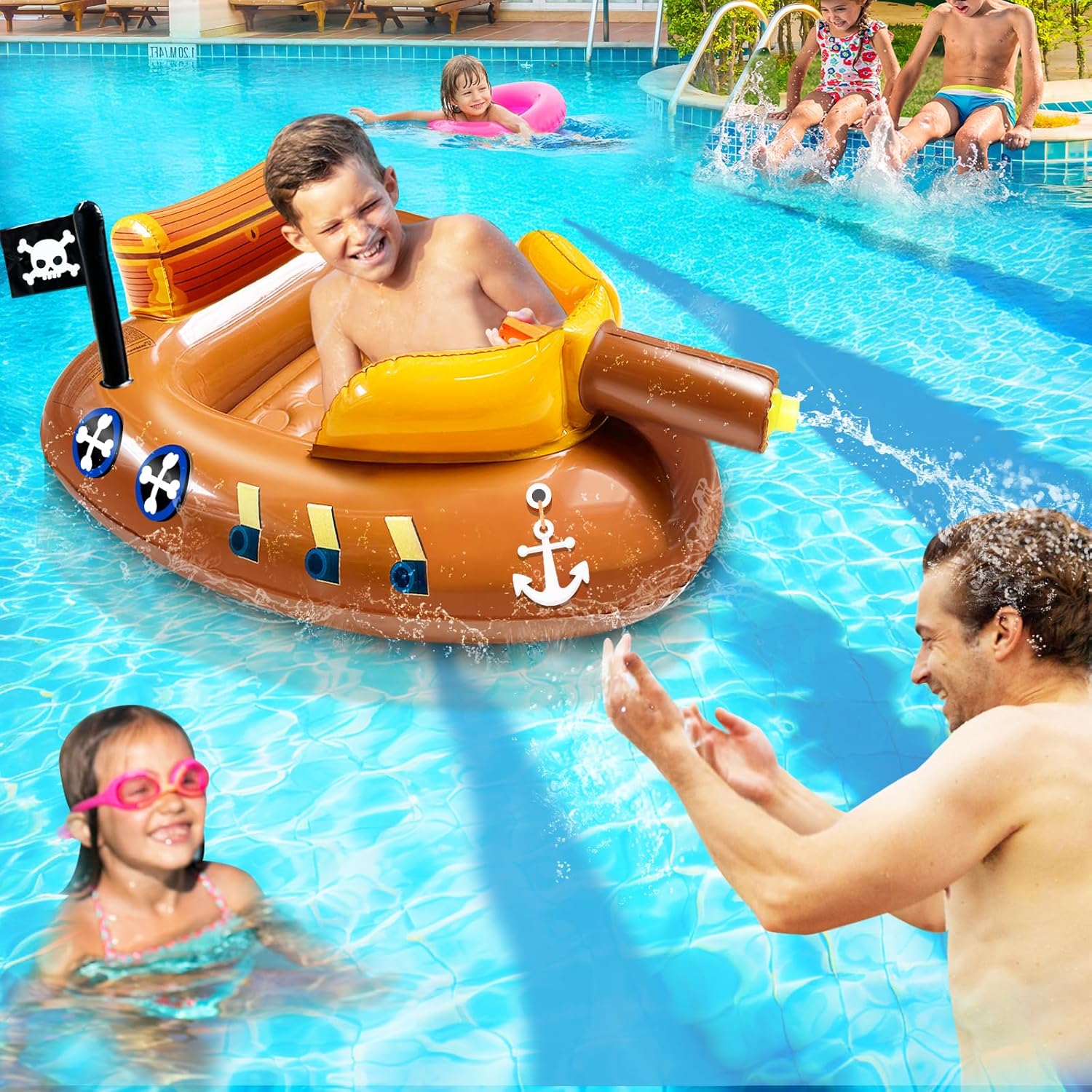 Inflatable Pirate Ship Pool Floats Kids 3-11 Years Toddler Pool Floaties with Water Cannon Gun Swimming Pool Toys Boys Girls Party Float Ride-on Floaty Rafts with Safety Seat Summer Outdoor Water Game - Image 6