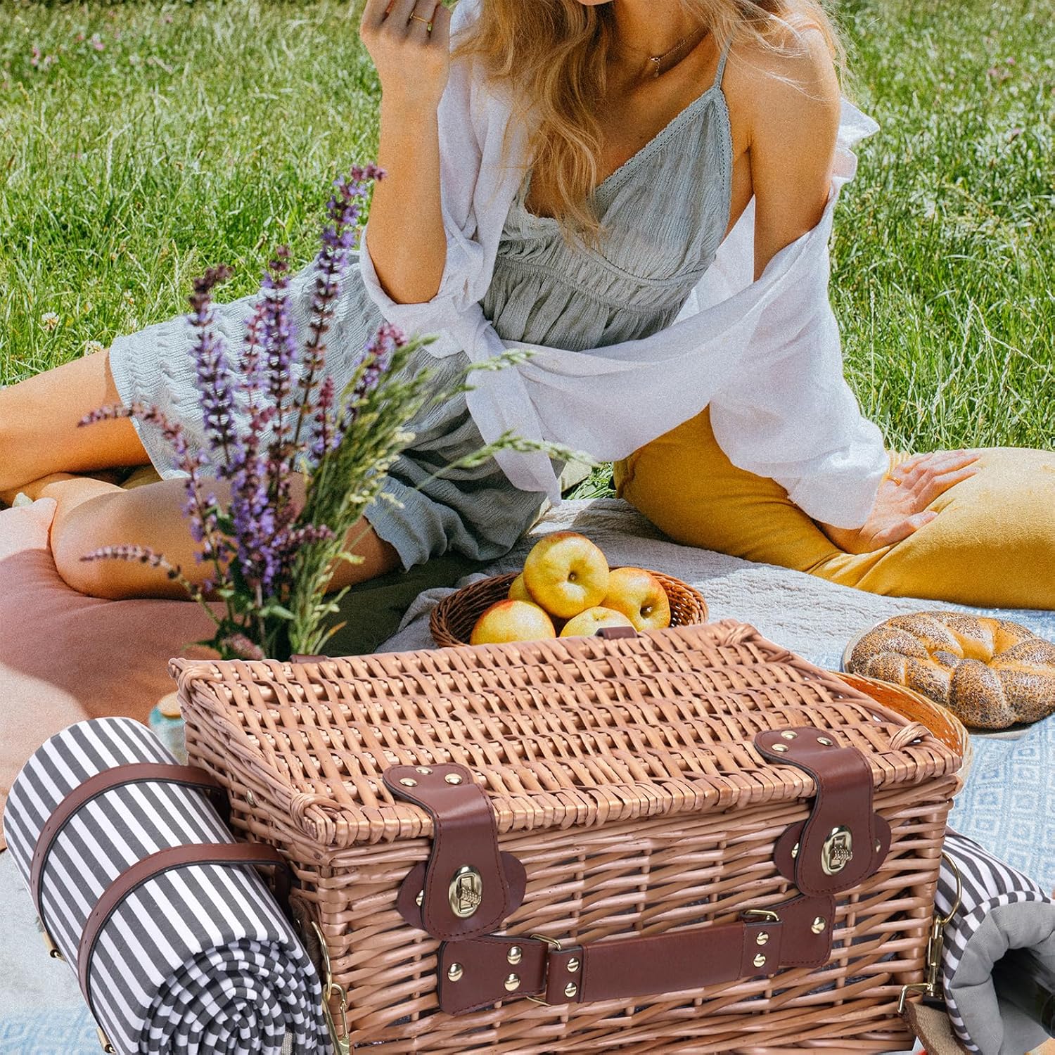 Picnic Basket with Blanket and Wine Pouch for 2 Wicker Picnic Set with Insulated Liner Cooler Bag Hamper for Camping,Wedding - Stripes - Image 8