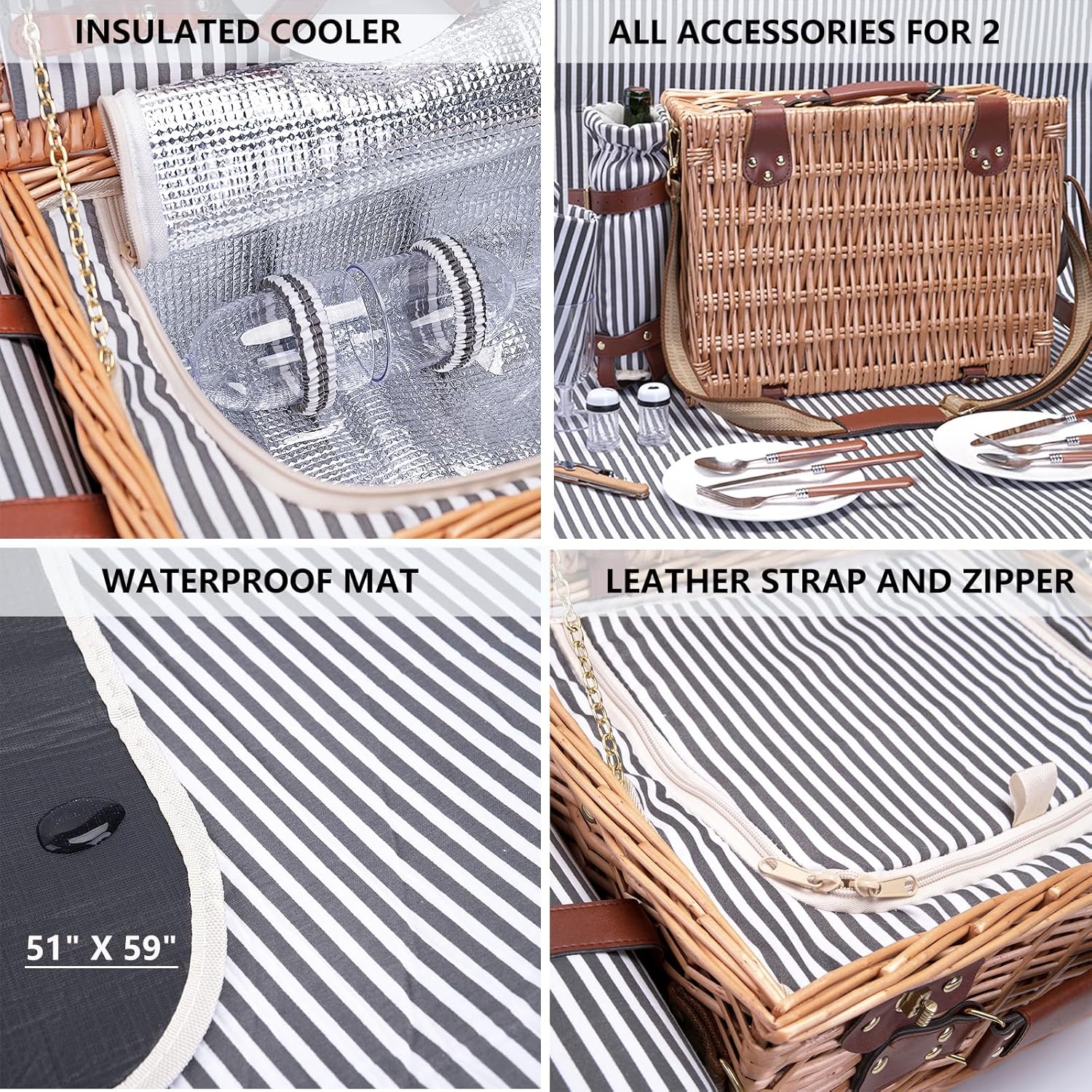 Picnic Basket with Blanket and Wine Pouch for 2 Wicker Picnic Set with Insulated Liner Cooler Bag Hamper for Camping,Wedding - Stripes - Image 7