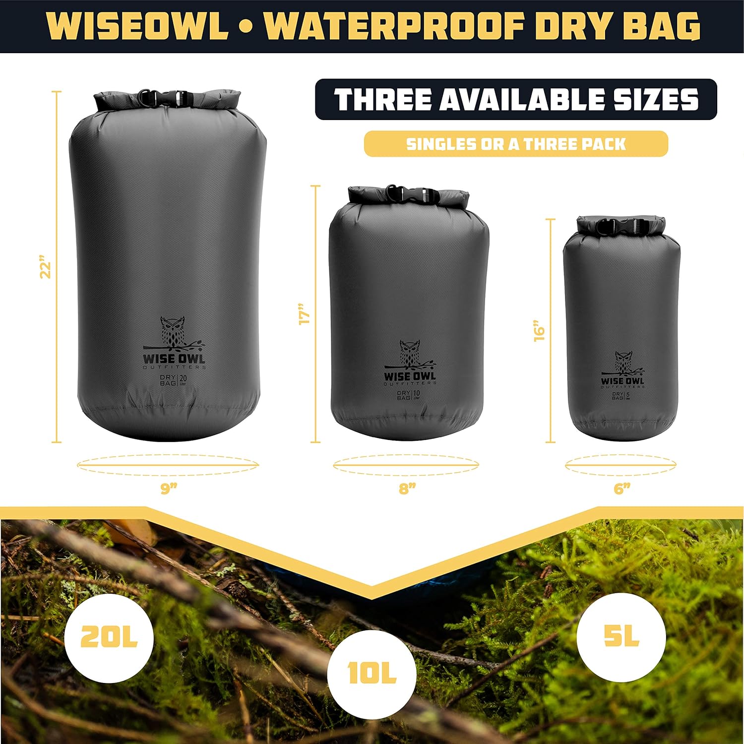 Wise Owl Outfitters Waterproof Dry Bag 3-Pack – Lightweight & Airtight 5L/10L/20L Small & Large Dry Bags for Kayaking, Beach, Travel, Boating, Hiking - Image 3